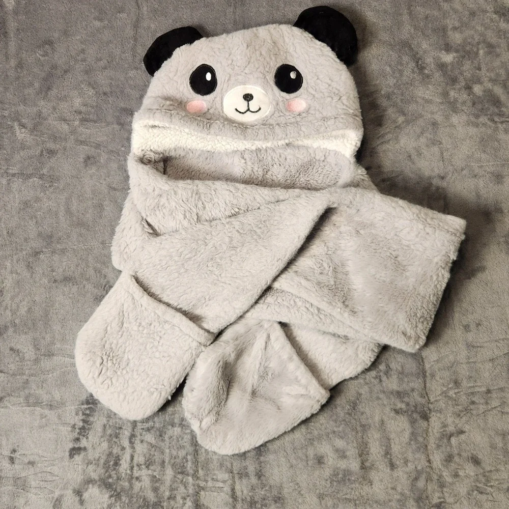Toddler Kids Panda Winter Hat Scarf Mittens Set 3 in 1 Plush Fuzzy Hood Grey